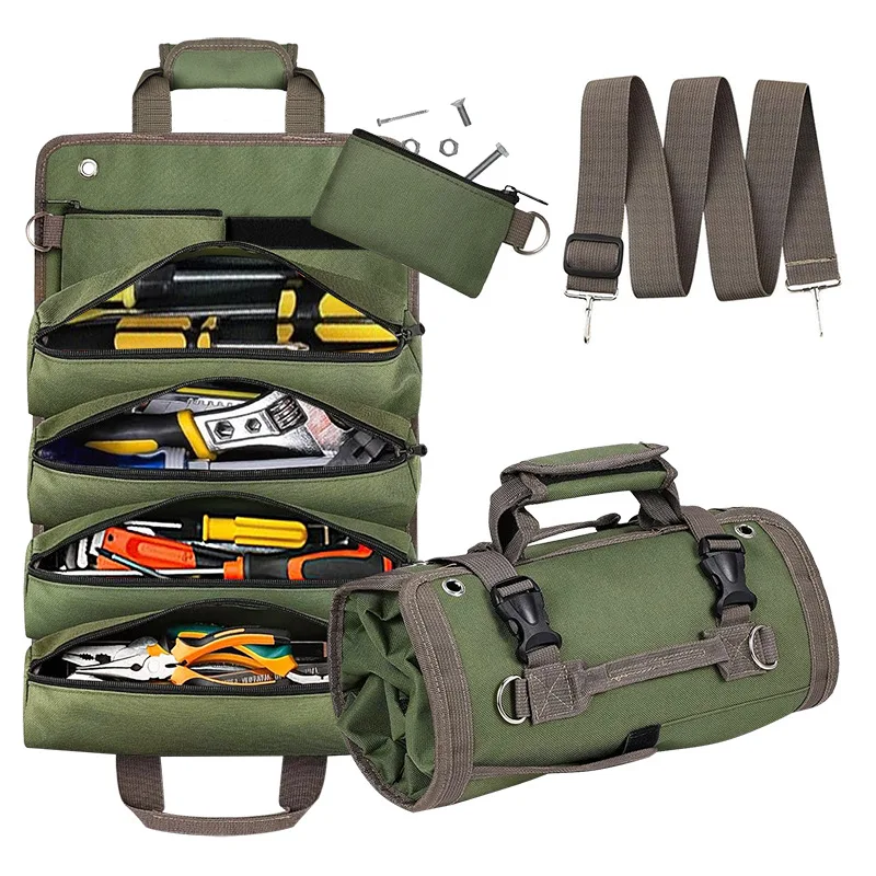 Tool Bag Roll Up, 1680D Heavy Duty Tool Organizer for Men Women, Portable Tool Storage with 2 Detachable Zipper Pouch, Tool Bag