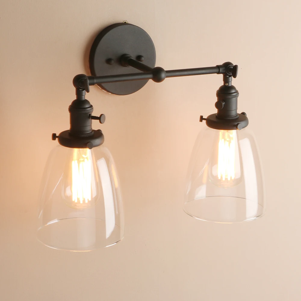 Luminária de parede industrial estilo vintage Permo com 2 luzes e sombra de vidro transparente de cone oval de 5,6 polegadas