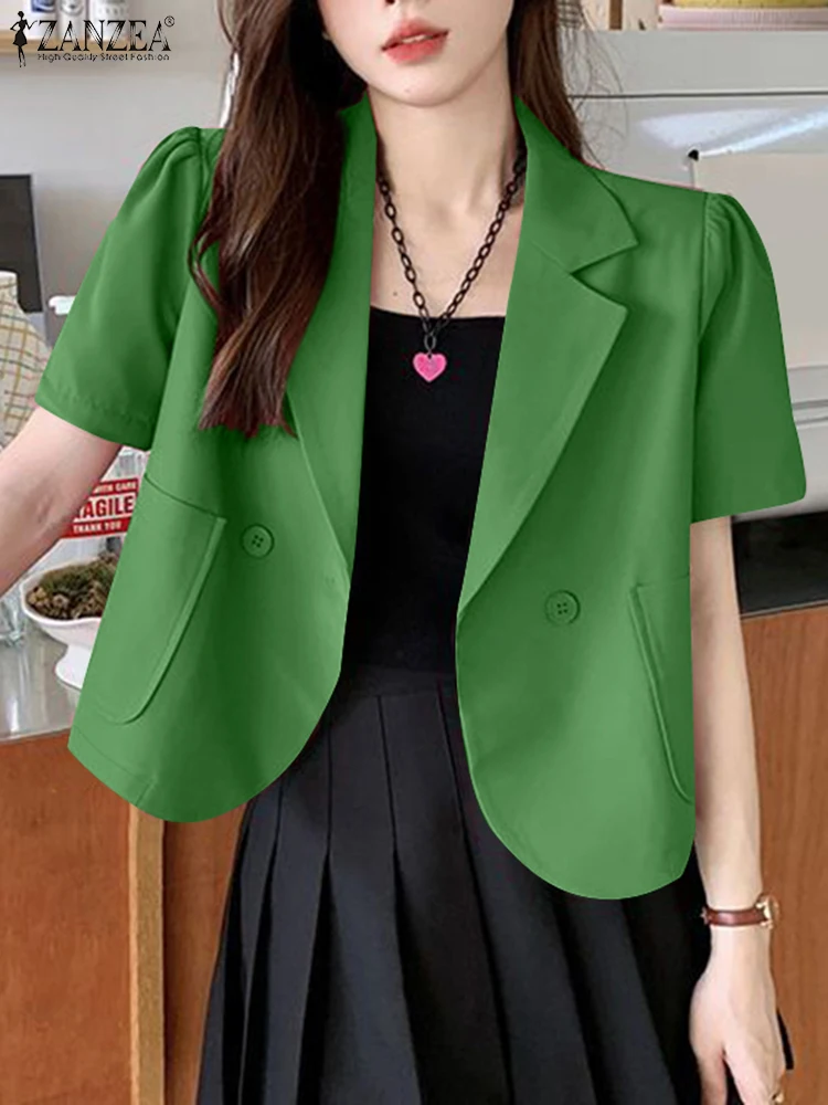 Elegant Women Blazer ZANZEA Summer Lapel Neck Short Sleeve Cropped Tops Woman Solid OL Work Blazer Suits Autumn Fashion Shirt