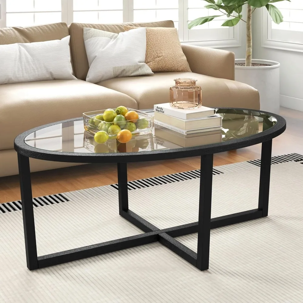 

Glass Top Coffee Table, 47’’ Modern Oval Coffee Tea Table with Solid Acacia Wood Frame, Mid Century Center Table for Liv