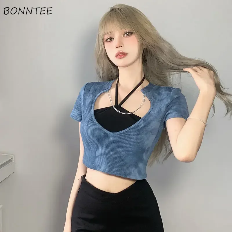 

Women Sets Short-sleeve Cropped T-shirts Causal Tie Dye Chain Slim Camis Sexy Design Girls Hotsweet Hollow Out Tender Stylish