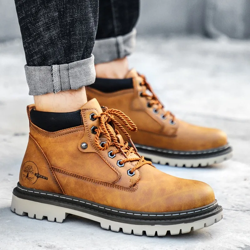 Men's Boots High-Top Casual Shoes Autumn Winter Retro Waterproof Ankle Boots Outdoor Work Sneakers Warm Platform Men Snow Boots