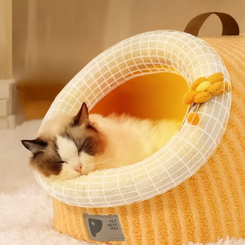 Warm Thickened Plush Cat Nest, Comfortable Deep Sleep Pet House, Semi Enclosed Portable Kennel for Small and Medium Cat, Pet Sup