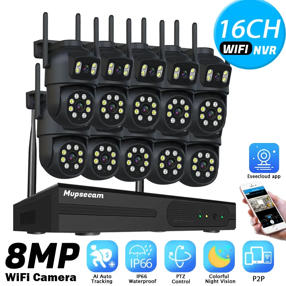16CH Wireless NVR System Outdoor 4K Dual Lens PTZ Wifi Camera Auto Tracking Home CCTV Security Surveillance Kit 4CH 2 Way Audio