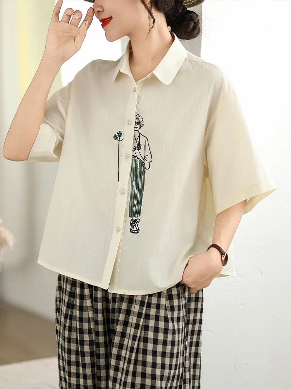 캐주얼 패션 플러스 사이즈 자수 코튼 여성 여름 한국 스타일 루즈핏 다용도 화이트 셔츠