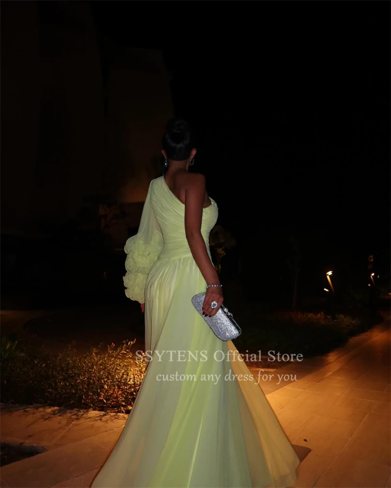 SSYTENS Saudi Light Yellow Chiffon Party Dress Women Elegant One Shoulder Evening Dresses Pleat Long Sleeves Vestidos De Gala