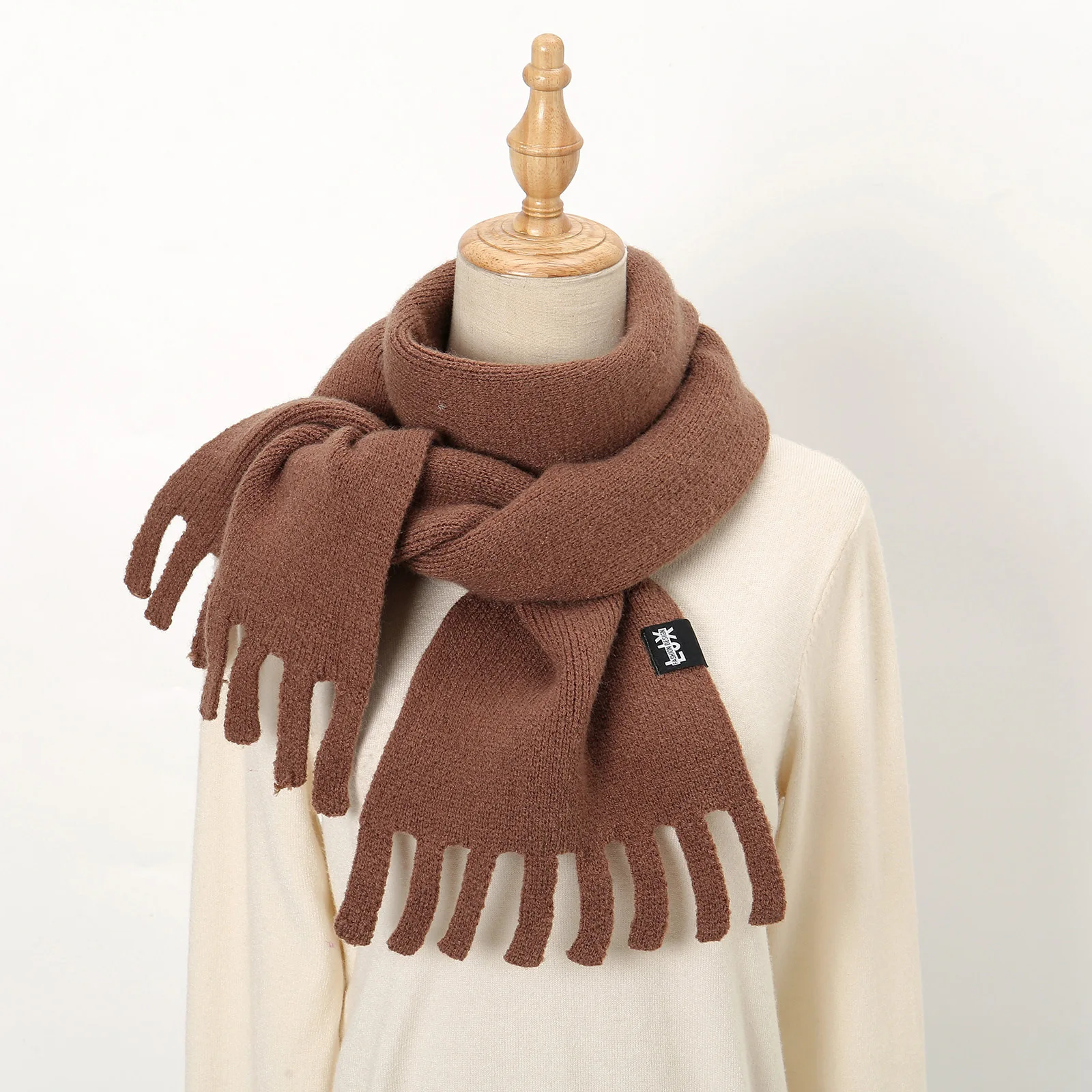 Maillard Solid Color Fringed Scarf Women's Autumn Winter Warm Knitted Long Neck Couple Shawl