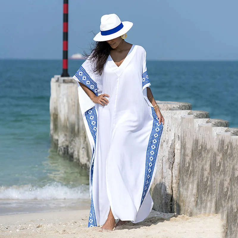 Women Sexy Embroidery Beach Cover Up Dress Hollow Out Bikini Coverlet Sun Protection Thin Vacation Maxi Dress