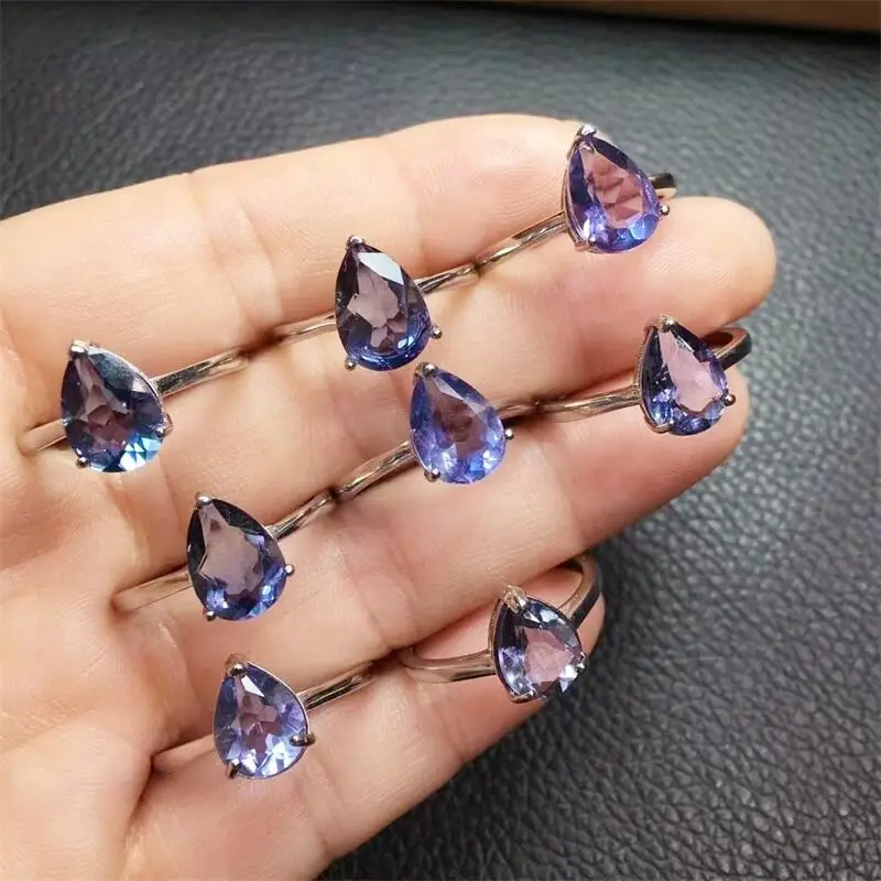 S925 Natural Blue Fluorite Teardrop Ring Resizable Sterling Silver Fashion Healing Jewelry For Women And Men Holiday Gift