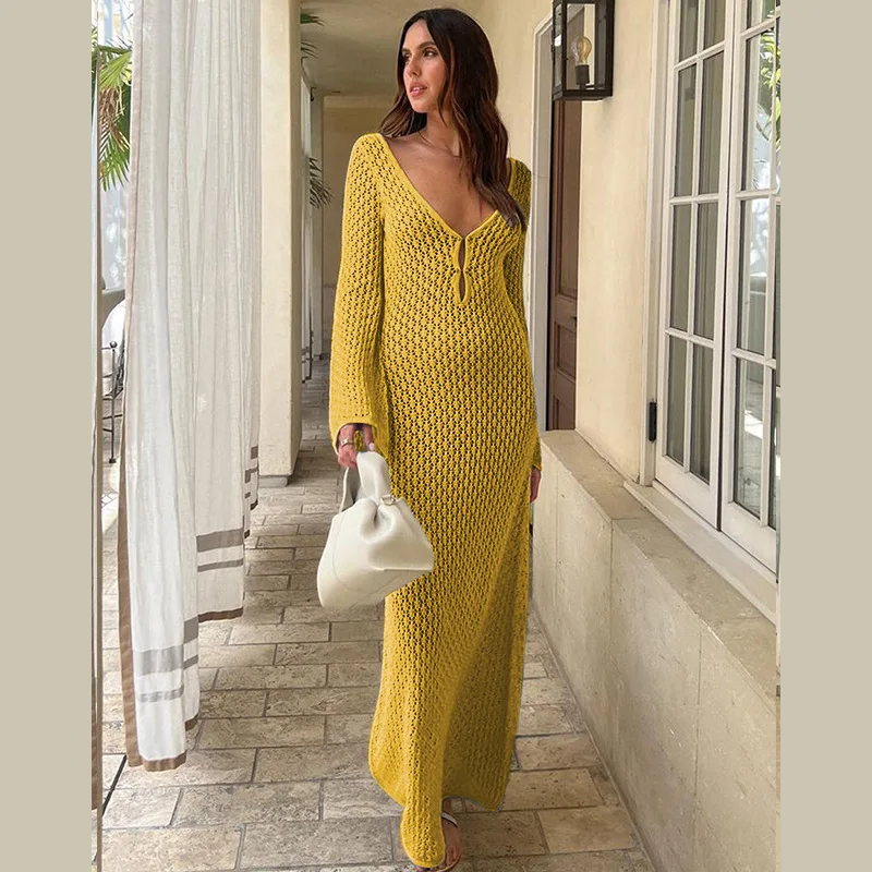 Sexy Women White Long Knit Sleeve Bikin Fashion Cover up Female See-Through Deep V-Neck Hollow-Out Beach Knitwear Backless Dress