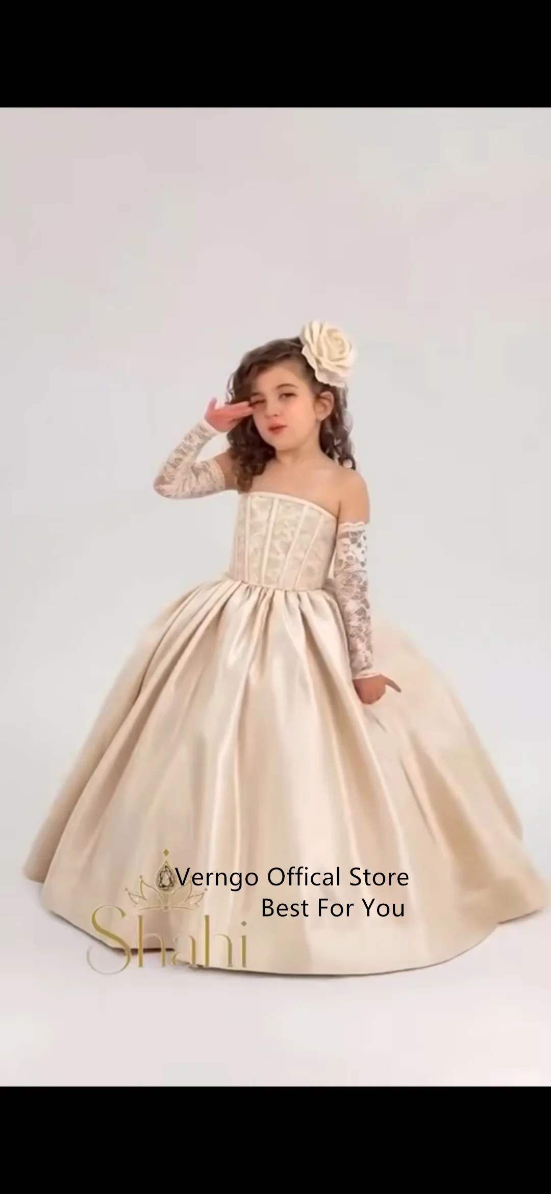 Verngo Pincess Champagne Girl Flowers Dress Strapless Ball A Line Kid Celebrity Birthday Party Dresses Celebrity Gown Customized
