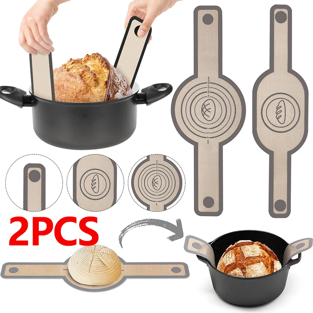 2pcs Silicone Bread Sling Non-Stick Silicone Baking Mat Sling Heat Resistant Reusable Silicone Dutch Oven Liner With Long Handle