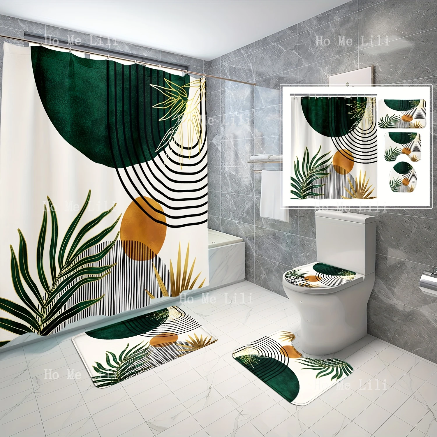

4pcs Bohemian Arch Leaf Pattern Shower Curtain Set Decorative Bathroom Set Non-Slip Bath Mat Bathroom Accessories Home Decor