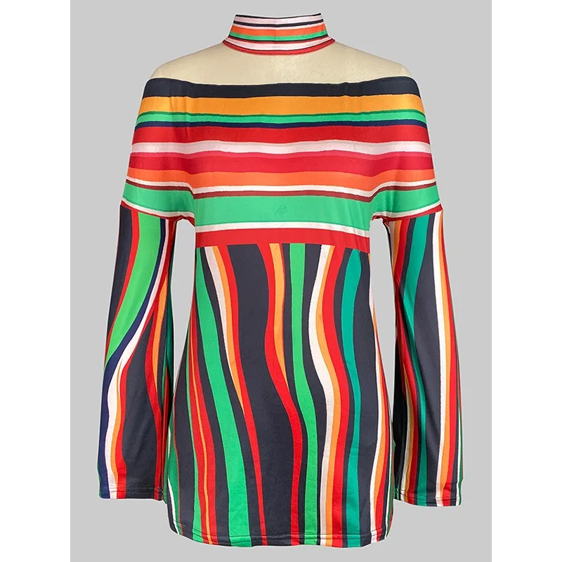 

Tinaa Stylish Striped Women's T-shirts 2025 Slim Off The Shoulder Long Sleeve Officewear Ladies Contrast Color Pullovers 178753
