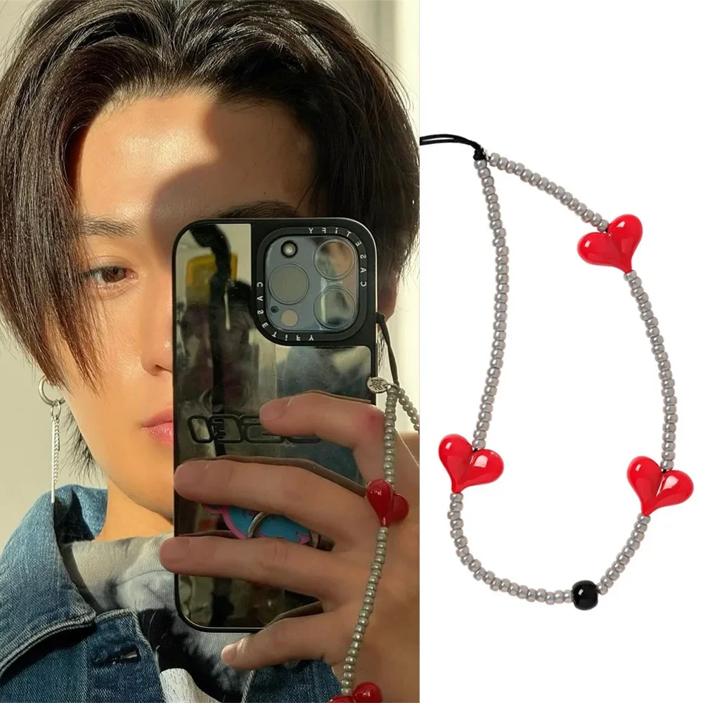 

Japan Star Red Love Phone Chain Silver Color Beaded Cell Phone Strap Trendy Heart Rope Hang Phone Pendant Jewelry Women Men Gift