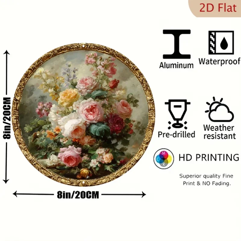 2D Flat, Vintage Peony Flower Metal Wall Decor - Round Peony Botanical Sign - Aluminum 8x8 Inch (suitable for & Outdoor) - Elega
