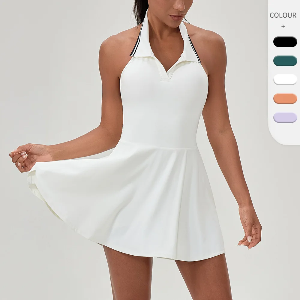 

Спортивное теннисное платье на открытом воздухе, женское цельное платье для фитнеса с воротником на шее, короткая юбка для гольфа с цветными лацканами