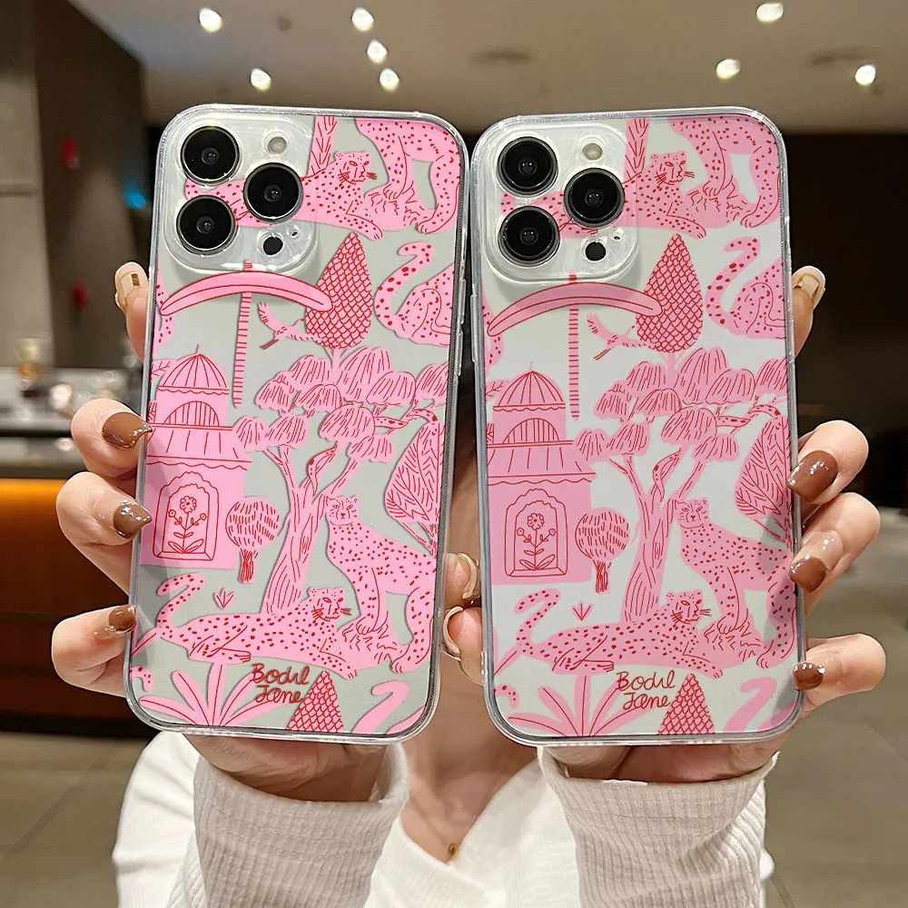 Fashion-Pink-Leopard Phone Case For iPhone 16 15 14 13 12 11 Mini Pro Max X XR XSMax 7 8 Plus SE20 Transparent Cover
