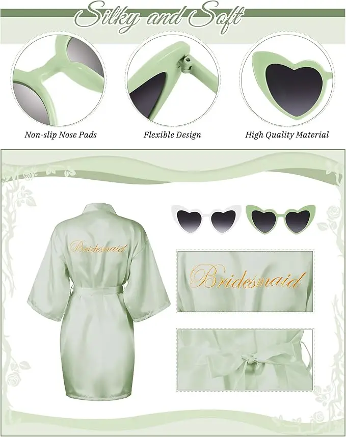 7 Pcs Bride Bridesmaid Robe Sets for Wedding Bridal Party Satin Robes Maid of Honor Robe with Heart Shaped Sunglasses