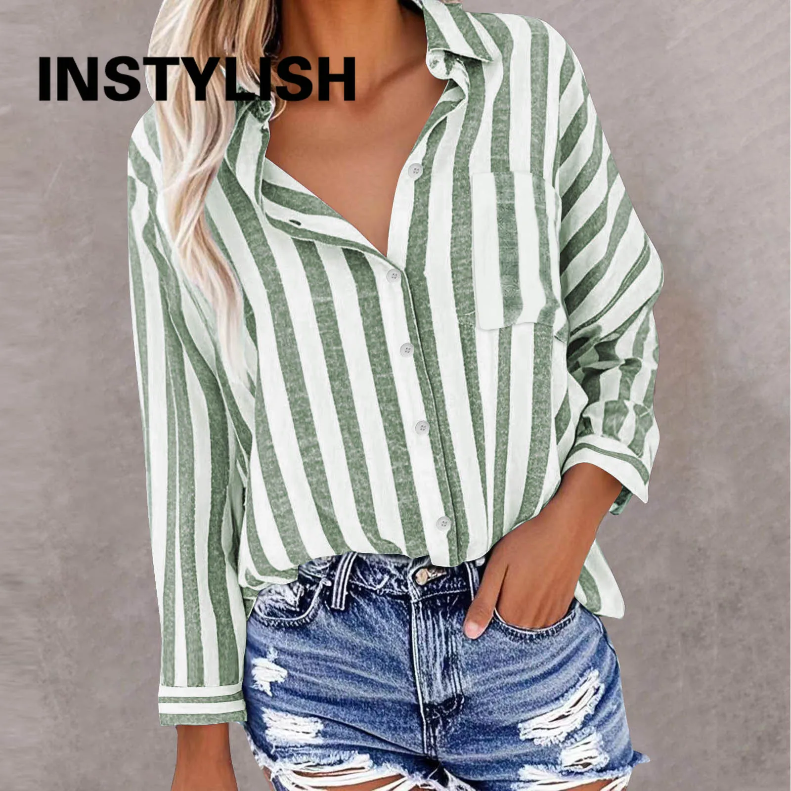 2026 New Women Vintage Stripe Blouse Lapel Collar Pocket Long Sleeve Button Up Shirts Loose Oversized Daily Casual Wear Tops