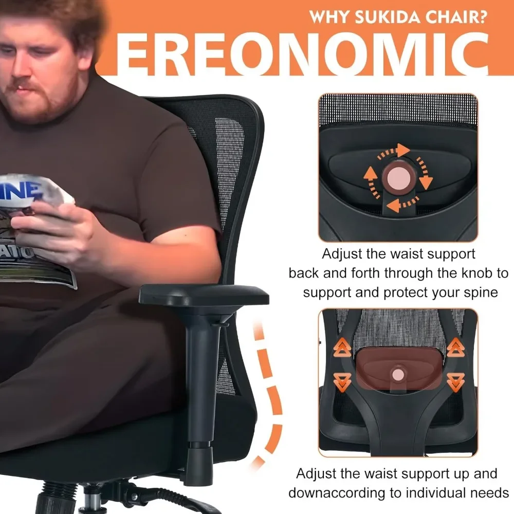 Office Chair, Ergonomic Desk Chair with 4D Armrests, Adjustable Lumbar Support Wide Computer Chair for Heavy People