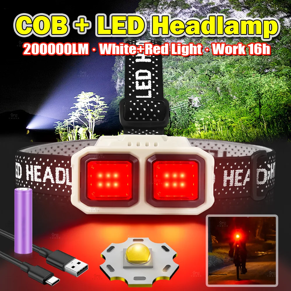 Strong Light Headlamp Portable COB LED Headlamp USB Rechargeable Head Flashlight 18650 Outdoor Camping Fishing Emergency Lantern