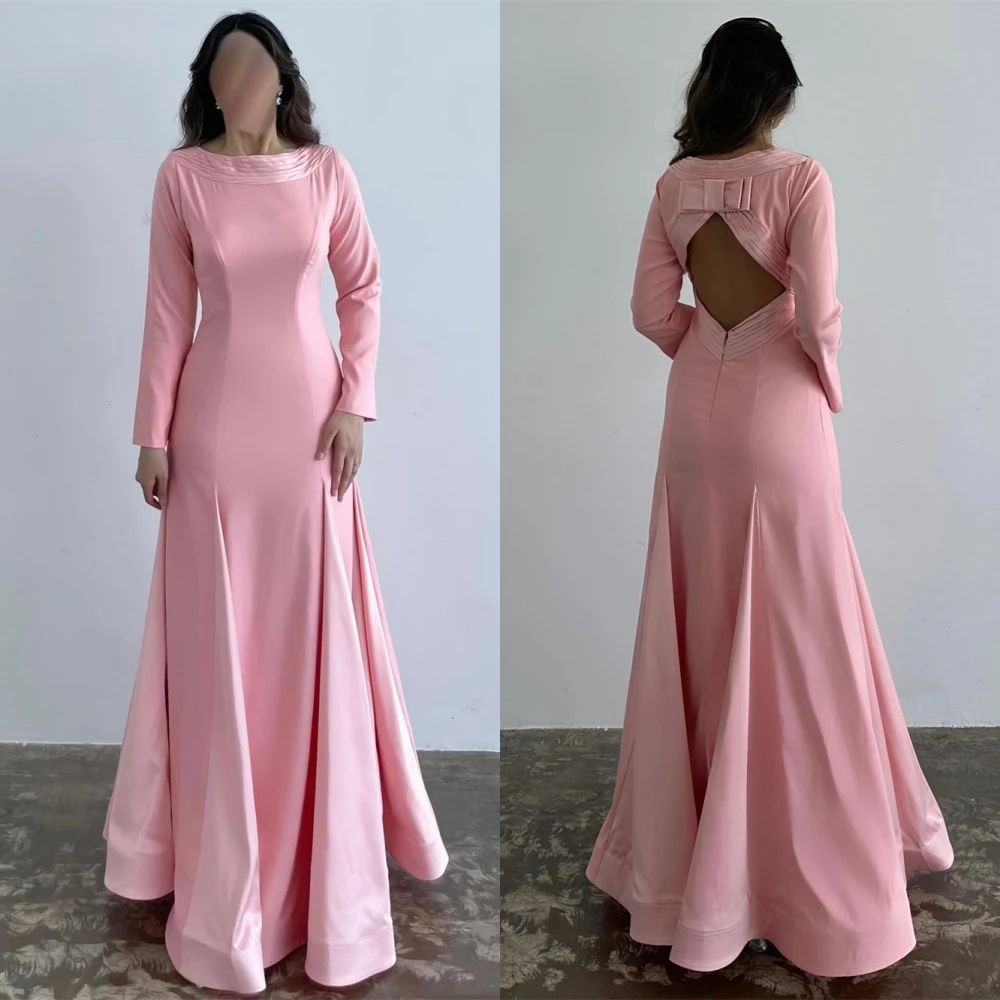 

Customized Modern Long Sleeves Evening Dress Exquisite Satin O-Neck Prom Dresses Delicate Sweep Train Special Occasion Gowns
