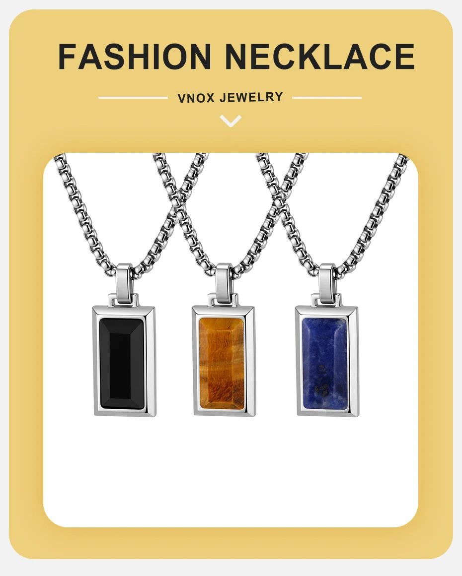 Vnox Edelstahl-Halskette mit rechteckigem Anhänger für Herren, Tigerauge, schwarzer Onyx, Naturstein-Anhänger, Kastenkette, Schmuck, Geschenk – Detail 1