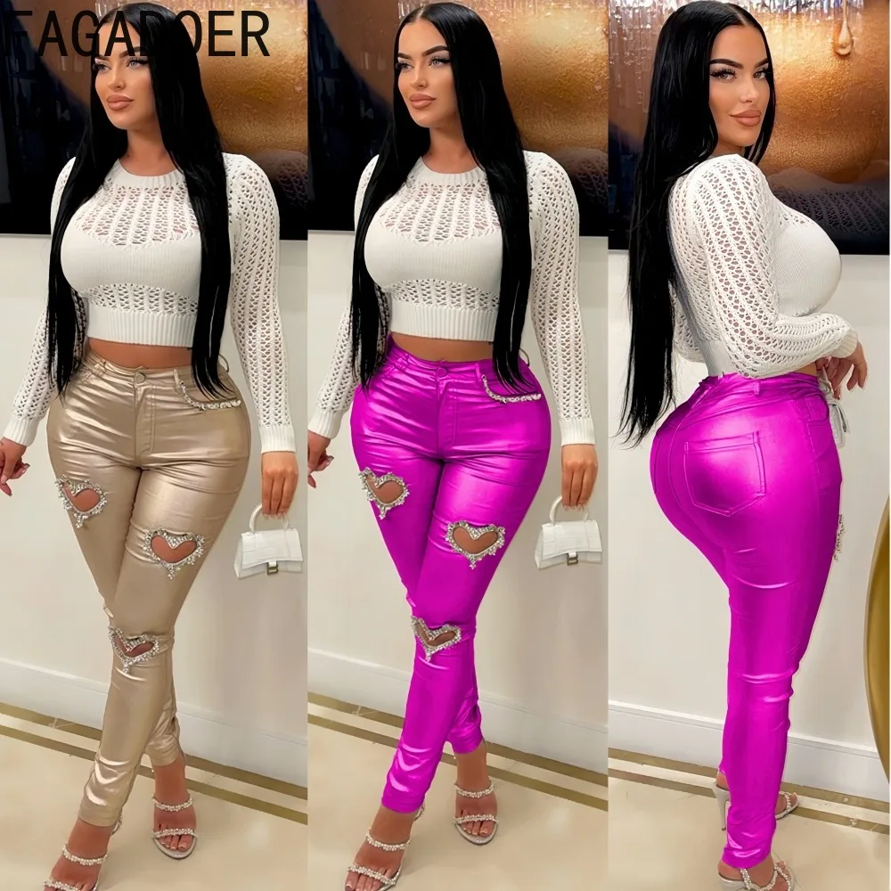

FAGADOER Spring New Sexy Rhinestone Patchwork Bodycon Pants Women Gold Stamping Hollow Heart Pants Female Streetwear Bottoms