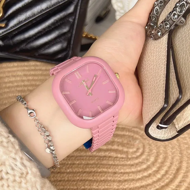 Korean Style Steel with Rose-red Pink Square Large Dial Women\'s Watch Fashion Waterproof Quartz Sports Watch Birthday Gift