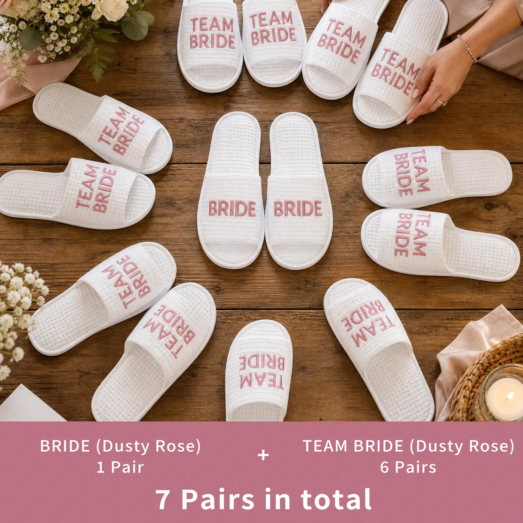 1/6/7 Pairs Dusty Rose Embroidered BRIDE & TEAM BRIDE Waffle Weave Slippers, For Bridal Party Wedding Prep, Photo props