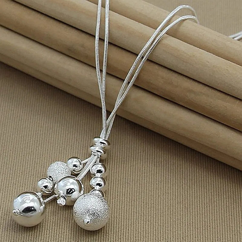 

925 Sterling Silver Snake Chain Glossy / Matte Beads Pendant Necklace For Woman Charm Fine Jewelry Wholesale