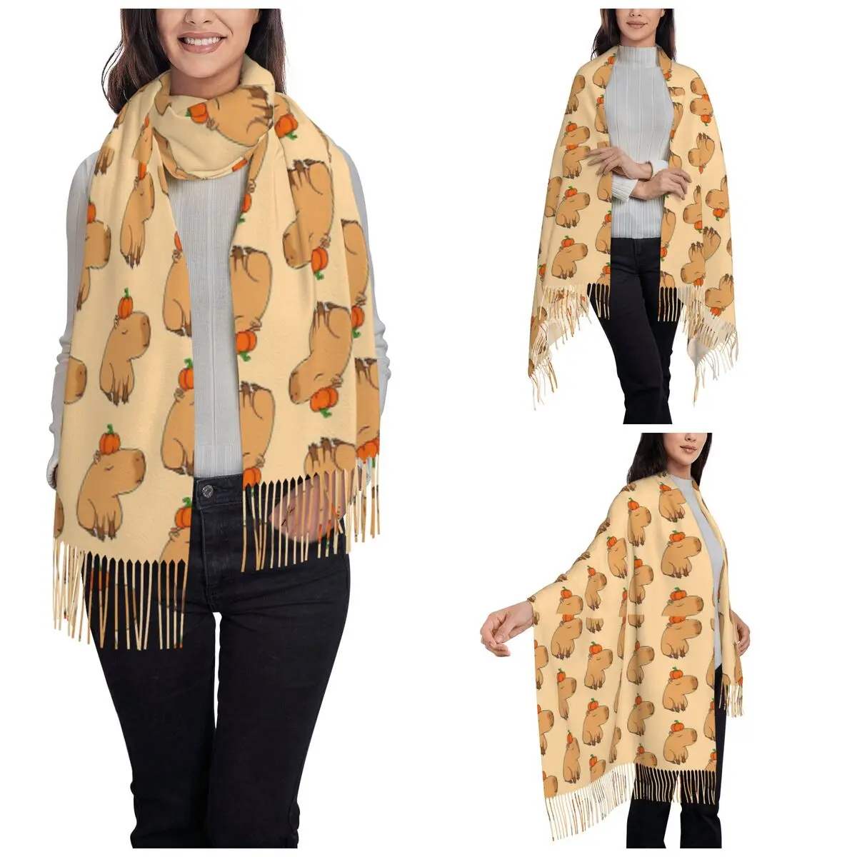 Womens Scarf with Tassel Capybara Pumpkin Long Winter Warm Shawl and Wrap Animal Lover Gifts Cashmere Scarf