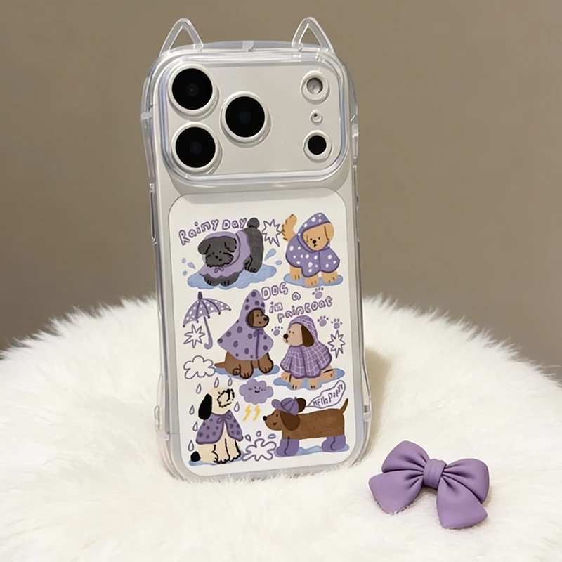 Purple Raincoat Cute Puppy Phone Case For iPhone 17 16 15 14 13 12 11 Pro Max 17 Air XSMax XS XR X 7 8 Plus Cat Ear Soft Cover