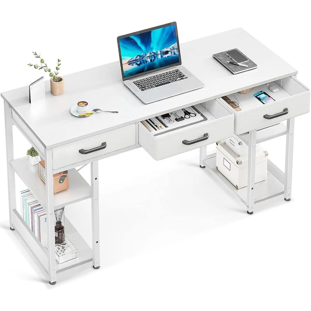 Escritorio pequeño para computadora de oficina: mesa para el hogar con cajones de tela y estantes de almacenamiento, escritorio moderno, blanco, 48x16
