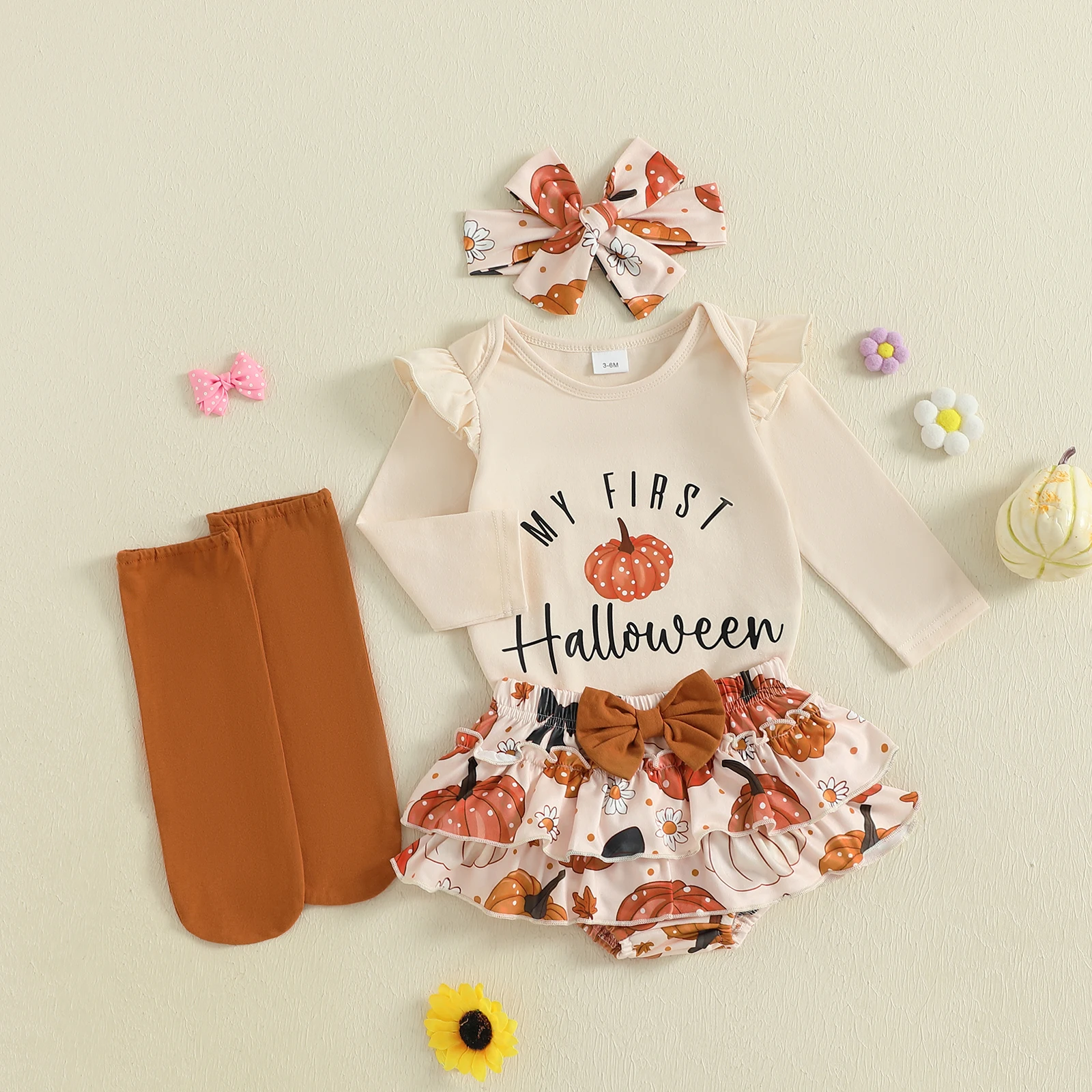 

Baby Girl Halloween Outfit Pumpkin Print Romper Tiered PP Shorts Leg Warmers and Headband Sets