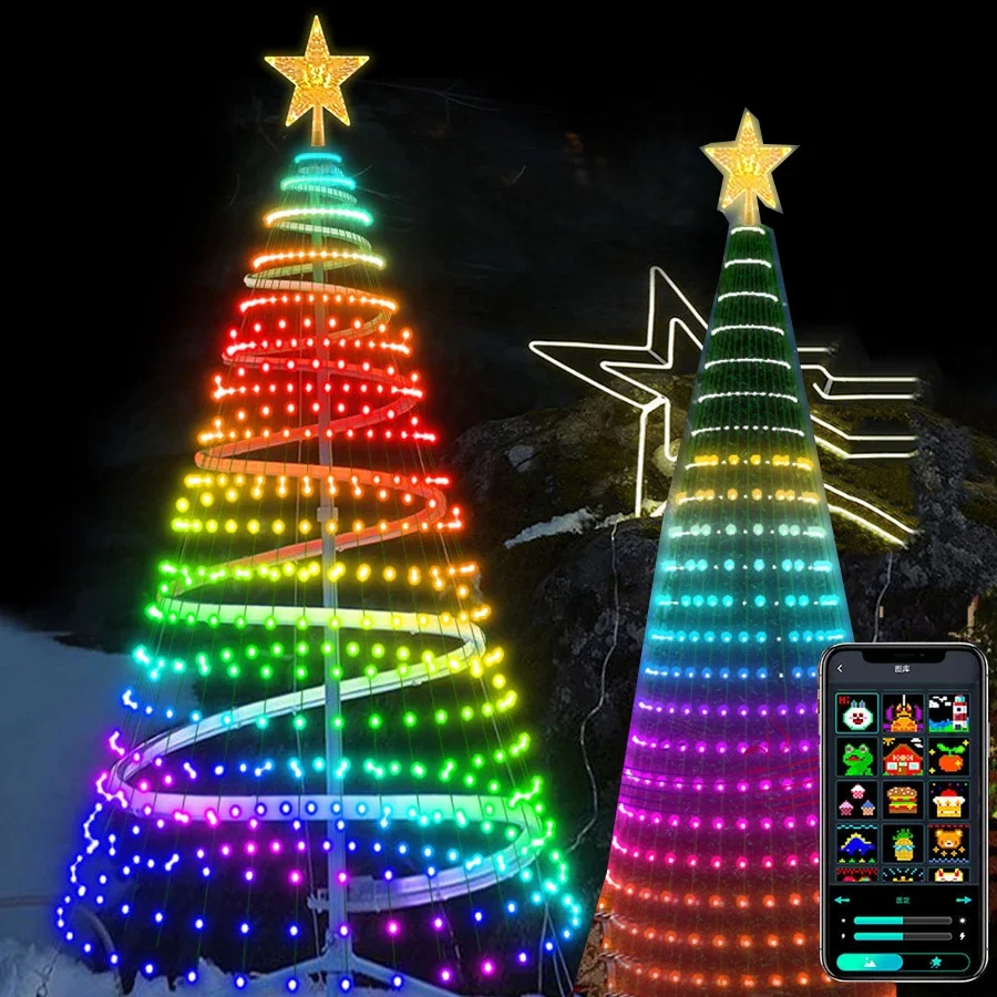 2023 New DIY Smart App Control Christmas Tree Lights 2.1M with Star Topper Bluetooth APP Christmas Waterfall Star Fairy Lights