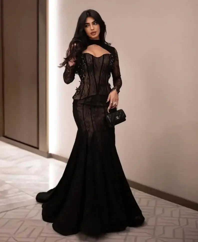 Luksusowe czarne sukienki wieczorowe Jirocum z koronką, wiązane na szyi, z długim rękawem, gorsetowe, z spódnicą typu syrena, idealne na galę, przyjęcie i studniówkę.