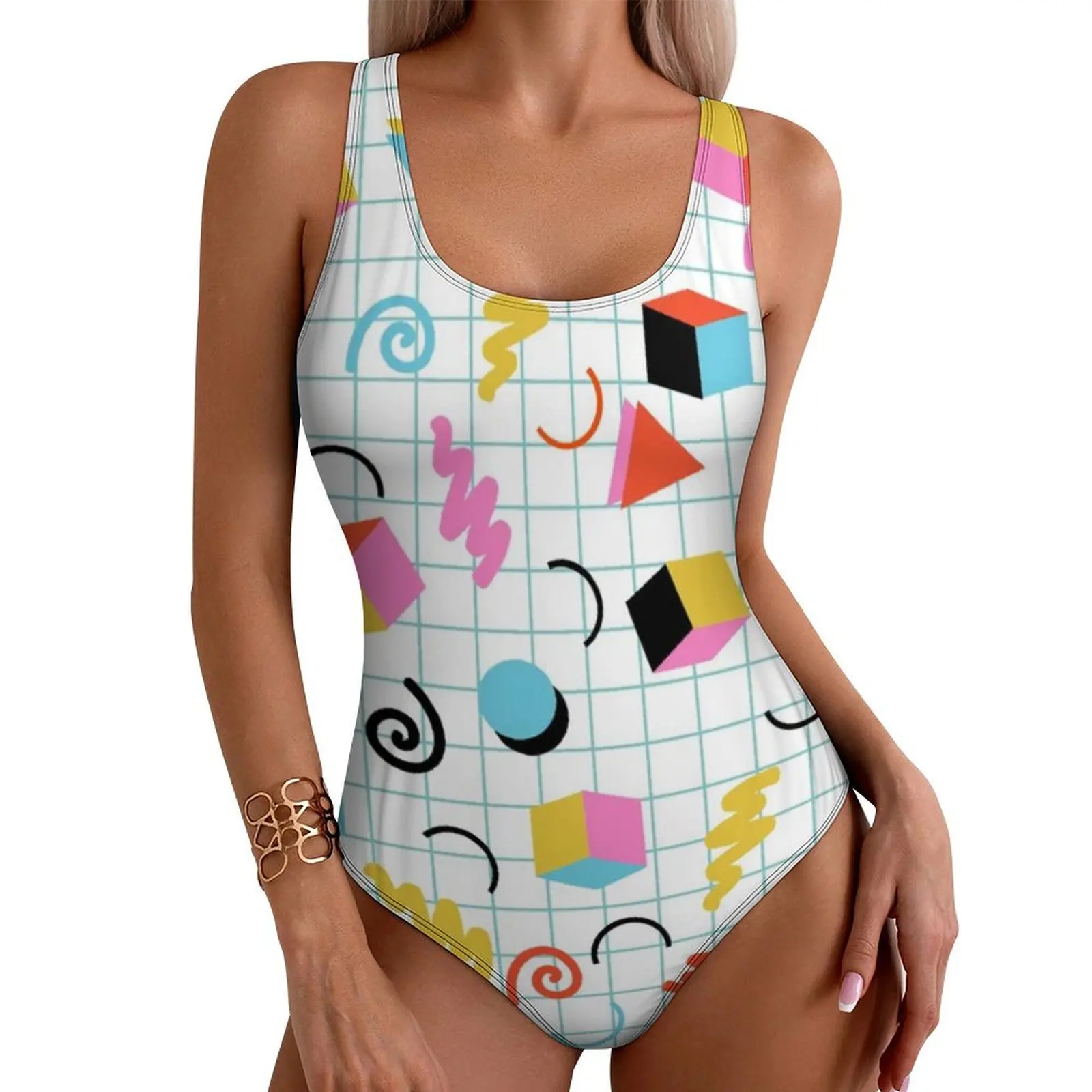 Memphis Pattern 80s Swimsuit Retro Minimal Geometric Swimwear One Piece Sport Bodysuit Backless Monokini Push Up Sexy Beachwear