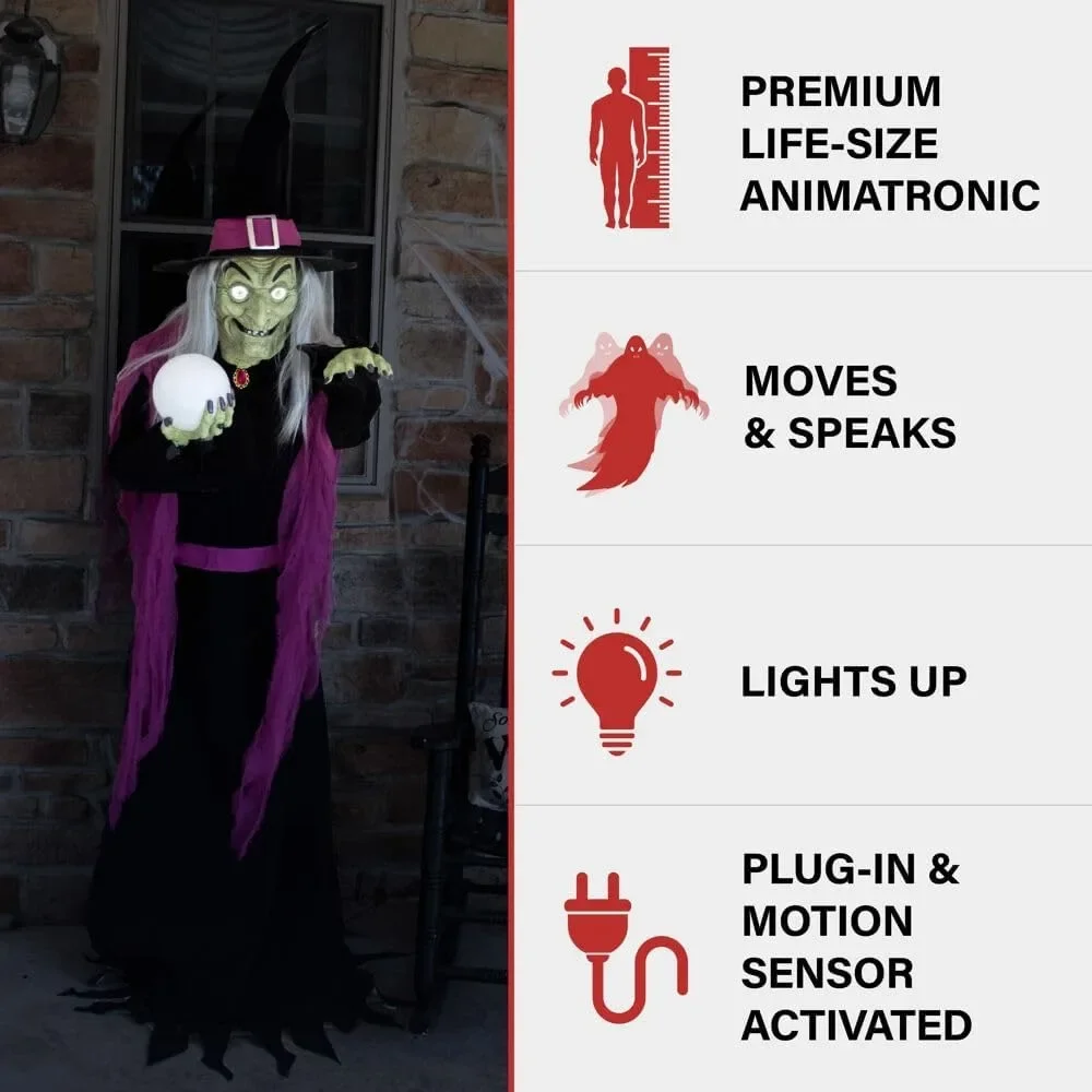 Halloween Decorations 6-Ft. Tall Fortune Teller Witch, Plug-in Motion-Activated Talking Scare Animatronic Indoor Halloween Props