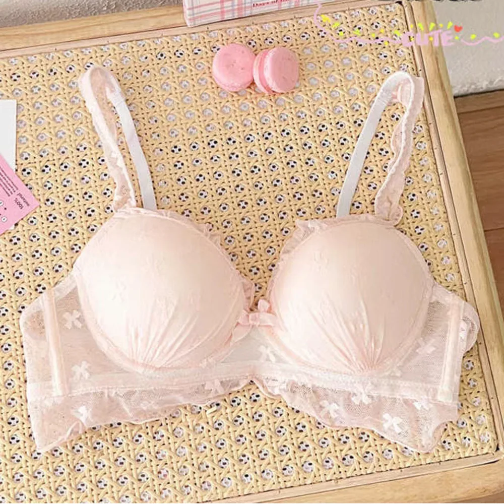 SP&CITY Sweet Lace Mesh Cute Bras For Women Thin Small Chest Gathered Sexy Brassier Bow Embroidery Ruffle Wire Free Soft Bra