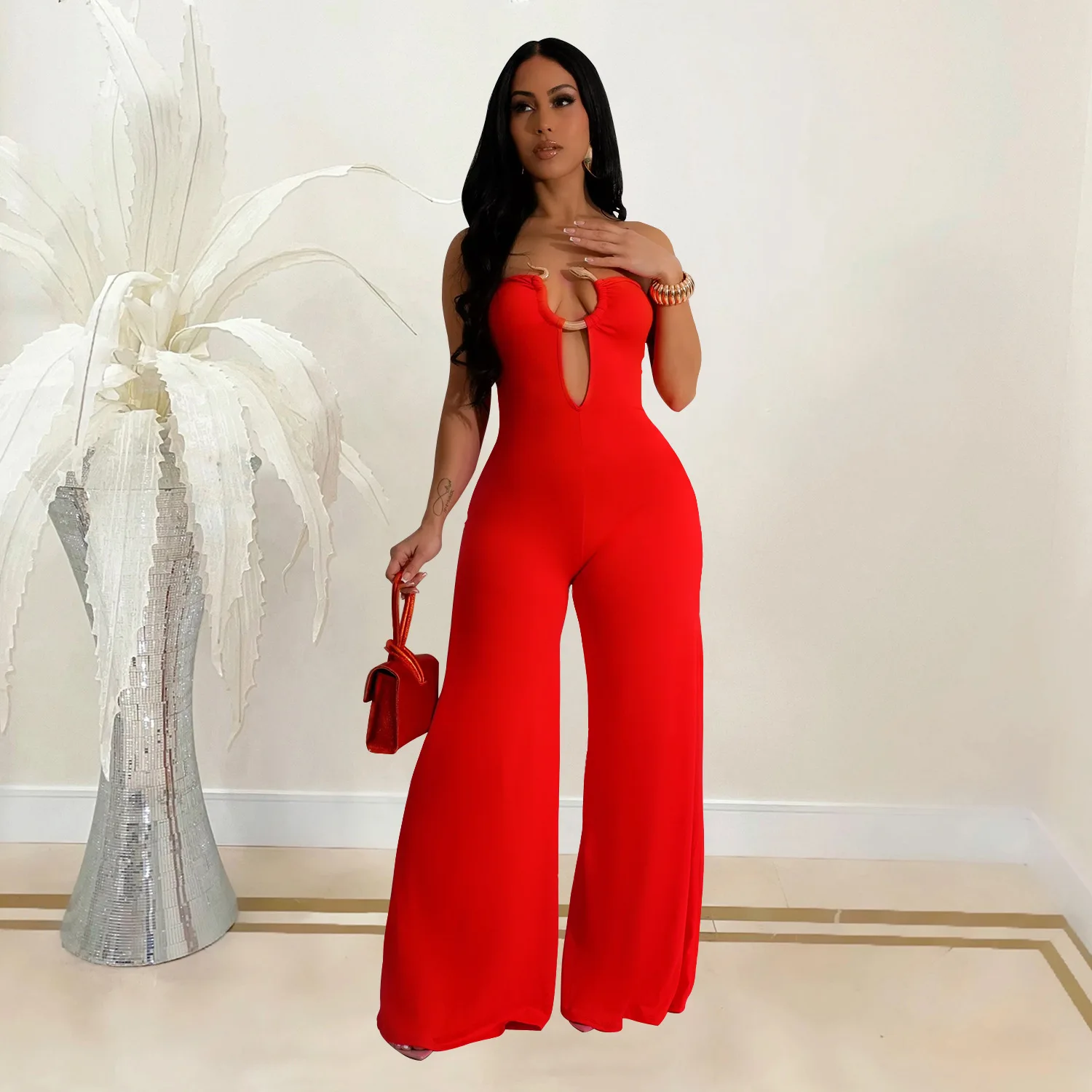 Chic Women Wide-legged Pants Jumpsuit Off Shoulder Backless V-neck High Waist One Piece Romper Evening Club High Street Bodysuit