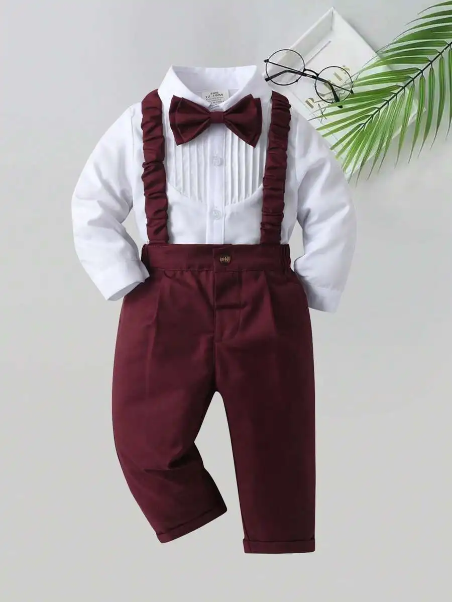

2-Piece Baby Boy Formal Outfit: White Long Sleeve Shirt with Bow Tie & Burgundy Suspender Pants