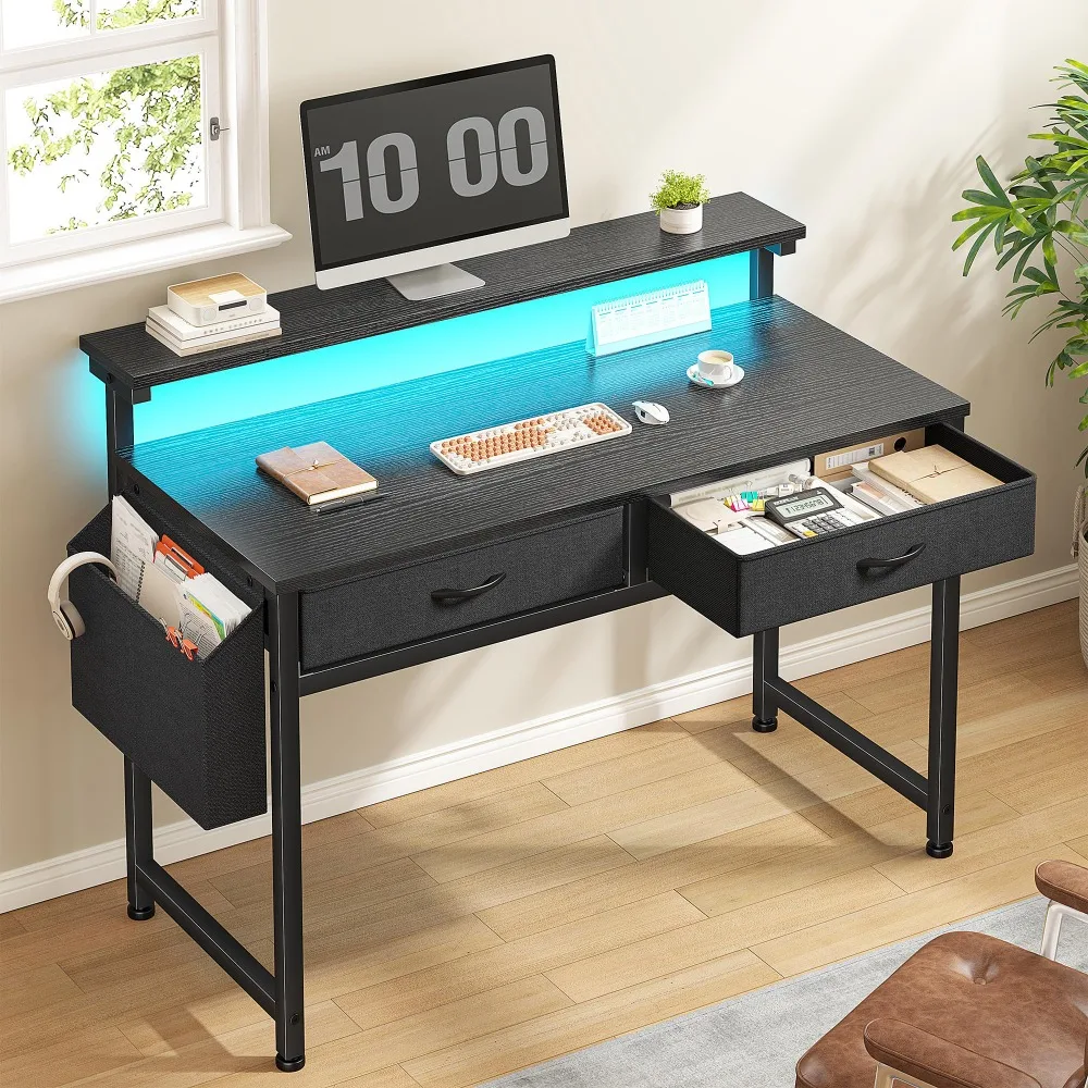 31Inch Office Computer Desk with LED Lights & 2 Fabric Drawers, Gaming Desk with Side Pocket & Ergonomic Monitor Stand