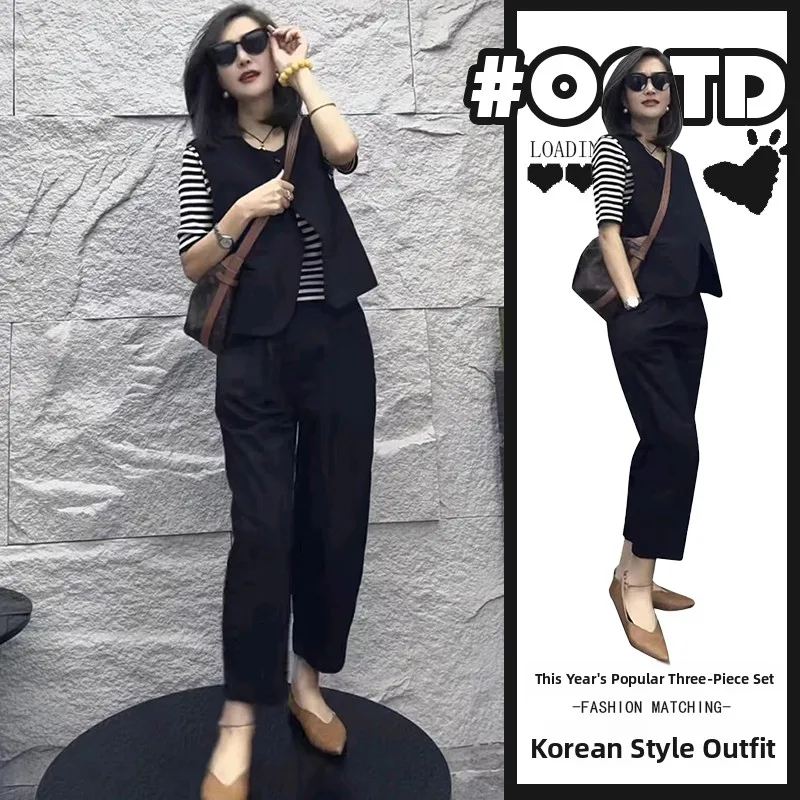 

Elegant Fashionable Three-Piece Women's Set Summer Outfit Short Sleeve round Neck Dry And Crisp Atmosphere Vest Top