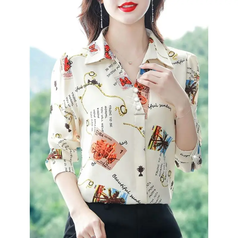 2023 Spring and Autumn Women\'s Polo Collar Long Sleeve Chiffon Printing Loose Button Fashion Casual Formal Elegant Tops