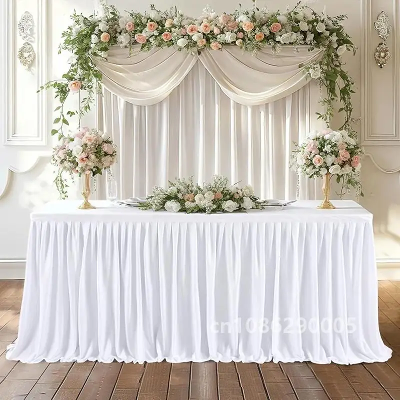 White Table Skirts Rectangle Polyester Ruffle Tablecloth for Wedding Birthday Party Baby Bridal Shower Banquet Table Decorations