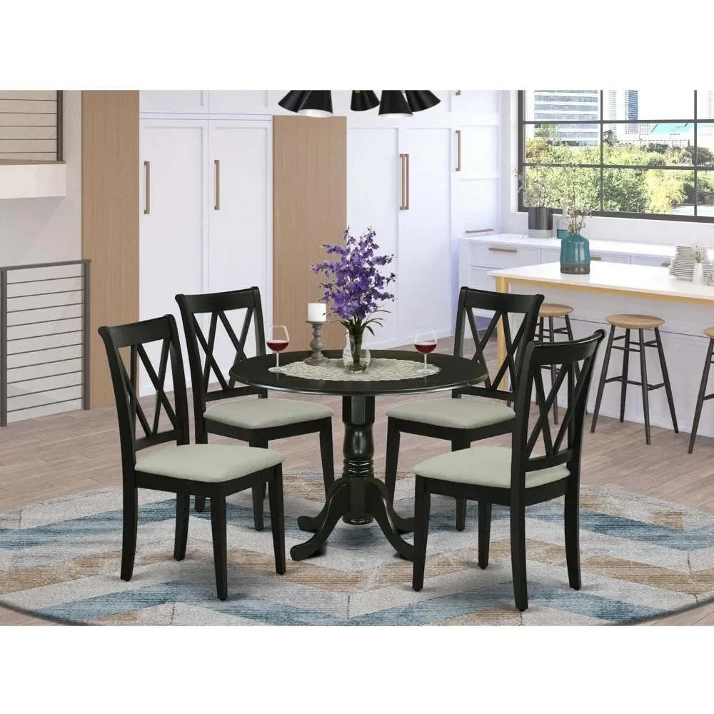 5 Piece Room Set Includes A Round Dining Table with Dropleaf and 4 Linen Fabric Upholstered Chairs, 42x42 Inch