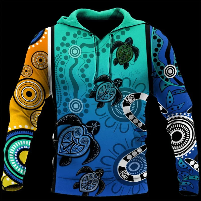 Men's 3D-Printed Hoodie Trendy Animal Graphic Lizard & Turtle Y2K Style Pullover Indigenous Australian Style