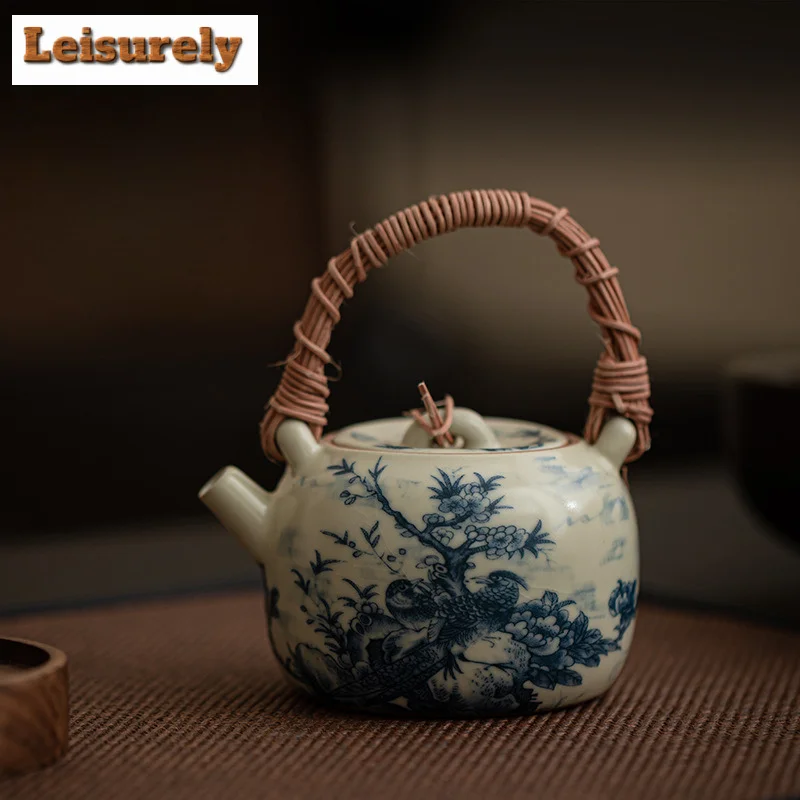 200ml Ancient Ink Flower And Bird Teapot  Japaneserattan Woven Pot Tea Soaking Kettle Dahongpao Cha Accessories Ornaments Gifts